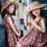 韩国童装女童格子荷叶边吊带连衣裙夏装韩版纯棉公主裙宝宝棉布裙
