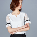 雪纺衫短袖2016夏装新款韩版修身V领女装打底衫上衣荷叶边蕾丝衫