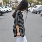 欧洲站宽松显瘦复古黑白条纹衬衫女春装高端品质中长款OL职业衬衣