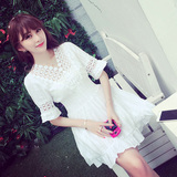 2016夏新款韩版中长款白色蕾丝连衣裙气质收腰修身显瘦短袖A字裙