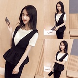 2016初夏新款韩国韩版短袖T恤百褶黑白拼色背心两件套装女装女