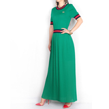 EUROV2016夏 金色字母装饰 针织拼接短袖百褶绿色大摆连衣裙 长裙