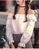2016秋季新品女百搭时尚甜美减龄蕾丝拼接荷叶边一字领宽松衬衫
