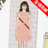 2016夏季新款 韩版女装IU同款拼接撞色气质藕粉雪纺连衣裙