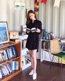 16韩版v领口袋黑色纯色收腰衬衫式纯色宽松修身长袖连衣裙公主裙