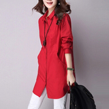 女装韩版爆款纯棉衬衫女长袖中长款红色纯色格子修身百搭上衣