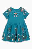 英国next正品代购 16年夏季新款女保镖女童蓝绿色刺绣洋装连衣裙