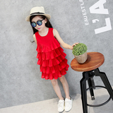 女童连衣裙夏装2016新款韩版儿童装白色红色百褶雪纺蛋糕公主裙子