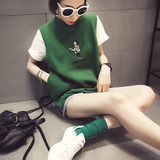 女装韩版刺绣毛线针织背心外穿短款套头马甲马夹春款春季春秋绿色