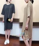 韩国原单 2016简约宽松直通型侧下摆织带暗扣装饰中袖显瘦连衣裙