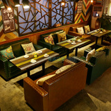 复古做旧美式咖啡厅沙发桌椅组合西餐厅实木桌椅双人卡座沙发组合