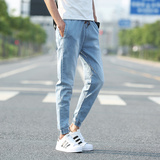 夏季修身韩版男生牛仔裤男潮流学生青少年显瘦小脚裤子薄款九分裤