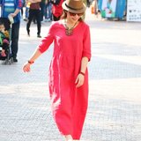 【红曲】十木米原创 旅行文艺范五分袖红色纯亚麻连衣裙袍子