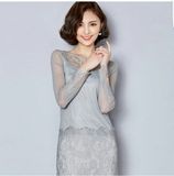 2016韩版修身中长款蕾丝打底衫高领包臀长袖连衣裙女