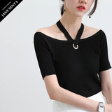 JANESENTL夏季新款女装韩版一字领挂脖修身显瘦上衣针织衫短袖T恤