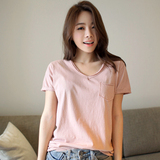 夏季韩版短袖T恤女纯色宽松大码纯棉V领糖果色打底衫学生百搭上衣
