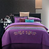 中式古典民族风格刺绣花全棉床上用品床单4四件套纯棉深紫色床品