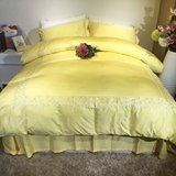 外贸韩式公主风格刺绣花蕾丝床上用品床单四件套全棉纯棉浅淡黄色