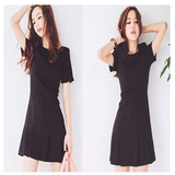 不浮夸的优雅小黑裙 韩国代购气质短袖连衣裙雪纺百褶打底短裙女
