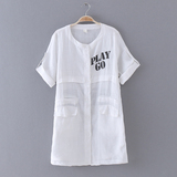 D41-8 外贸女装 夏季新款字母圆领修身五分袖棉麻中长款衬衫衬衣