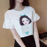 A哚啦2016夏装新款韩版 泡泡袖女孩印花雪纺衫打底衫上衣女