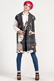 马克华菲女装2016春新款时尚创意印花拼接中长款毛呢大衣外套包邮