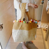 韩国正品代购女包休闲度假沙滩包彩球装饰编织草包单肩包