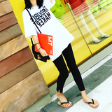 韩版短袖T恤女宽松中长款夏季黑白拼色字母图案圆领半截袖体恤潮