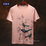 2016夏装加大码短袖T恤中国自然山水古画小鸟动物图案潮牌型男款