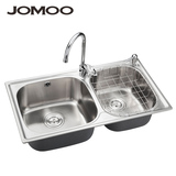 JOMOO九牧厨房水槽双槽洗菜盆 不锈钢水槽套餐水龙头沥水架02084