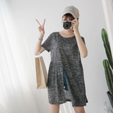 2016夏季韩版纯色宽松下摆散边高开叉打结中长款竹节棉短袖T恤女