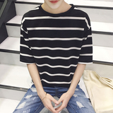 夏季韩版男士条纹圆领短袖t恤宽松学生潮流简约半袖体恤蝙蝠衫帅t