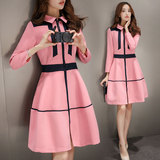2016春装新款韩版女装粉色A字裙中长款长袖打底短裙连衣裙女显瘦