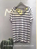 2016夏韩国新款M&T宽松大码修身V领短袖T恤条纹中长款打底衫女潮