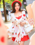 韩版可爱樱桃立体装饰甜美喇叭袖荷叶边中长款兔毛开衫外套毛衣女
