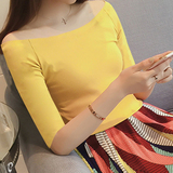 韩国秋季中袖T恤女纯棉一字领修身五分袖打底衫紧身短款上衣体恤