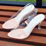 夏季胶片透明水晶公主凉鞋女鞋子水钻铆钉鱼嘴高跟细跟婚鞋33小码