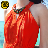 夏女海边度假沙滩裙泰国海滩裙橙色连衣裙纯色挂脖雪纺侧开叉长裙