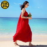 夏女海边沙滩裙红色连衣裙吊带裙子性感大露背长裙三亚度假海滩裙