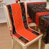 现代中式条纹坐垫餐椅连体布艺棉麻椅背加厚方形印花帆布椅子椅垫