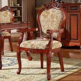 新古典红木色雕花皮布餐椅 欧式实木家具美式高档橡胶木扶手椅子