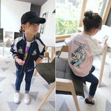 2016新款韩版秋装男女童中童可爱卡通开衫缎面棒球服休闲夹克外套