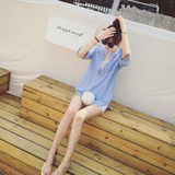 【FEELROOM】夏季新款 粉蓝色清爽大V领中长款薄料衬衫女