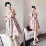 2016夏季新款粉色蕾丝高腰蓬蓬连衣裙韩版镂空蕾丝气质连衣裙