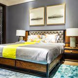 德仕邦 新中式样板房卧房布艺双人床 现代中式别墅复古实木床家具