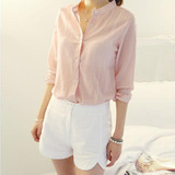 2016韩版夏季新款时尚清新气质粉色条纹立领衬衫女