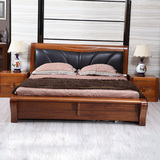 全实木高端进口金丝柚木双人床厚重款真皮达软靠1.8米简约现代床
