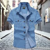 夏季休闲男士牛仔短袖衬衫大码纯棉宽松薄款衬衣蓝色复古上衣半袖