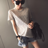 夏季韩国显瘦套头后背开叉半透明性感透视短袖上衣薄针织衫t恤女