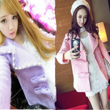 韩国秋冬新款甜美粉色小香风钉珠中长款羊毛呢外套气质呢子大衣潮